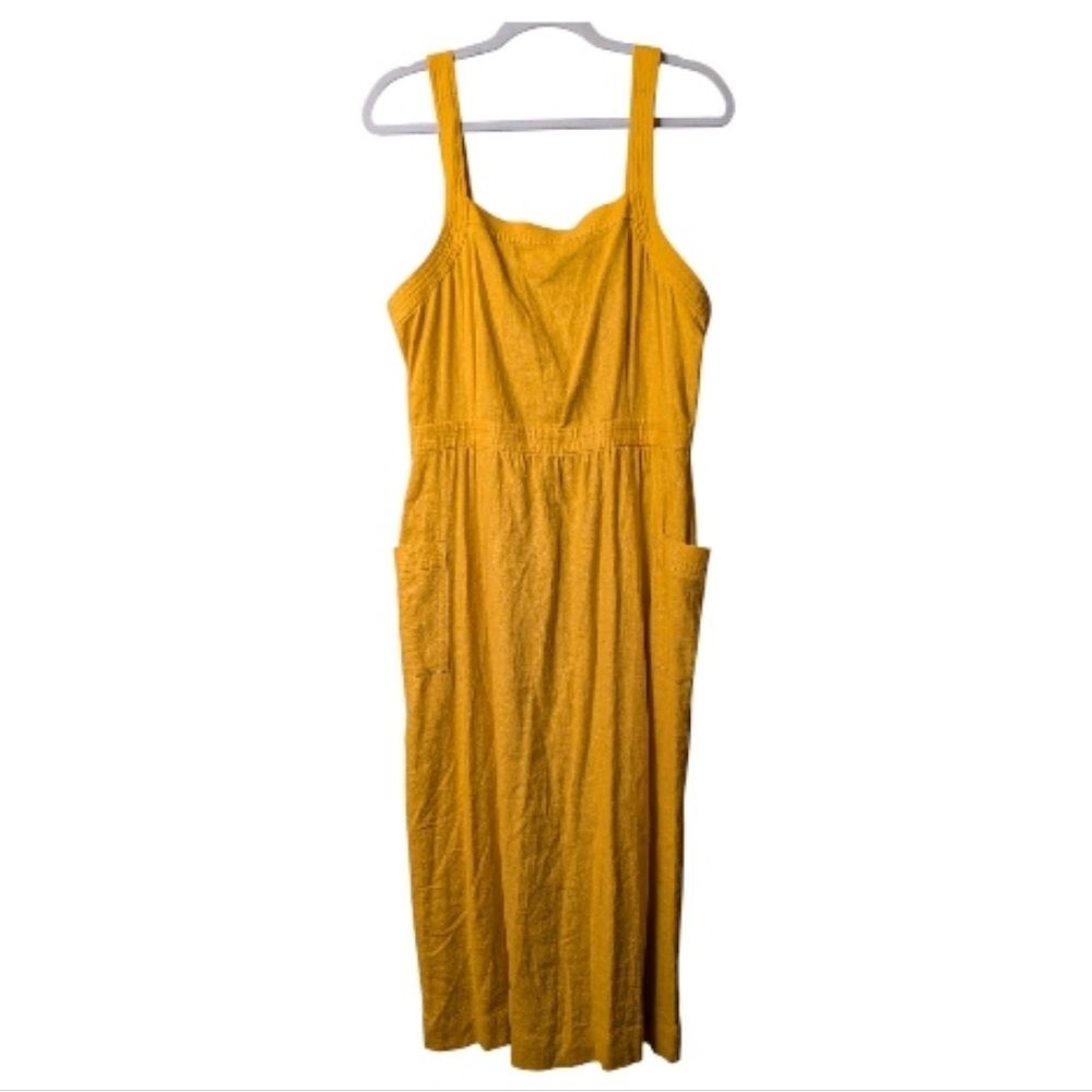Madewell Garment-Dyed Apron Midi Dress Linen blend G6073 size 10 mustard Pockets